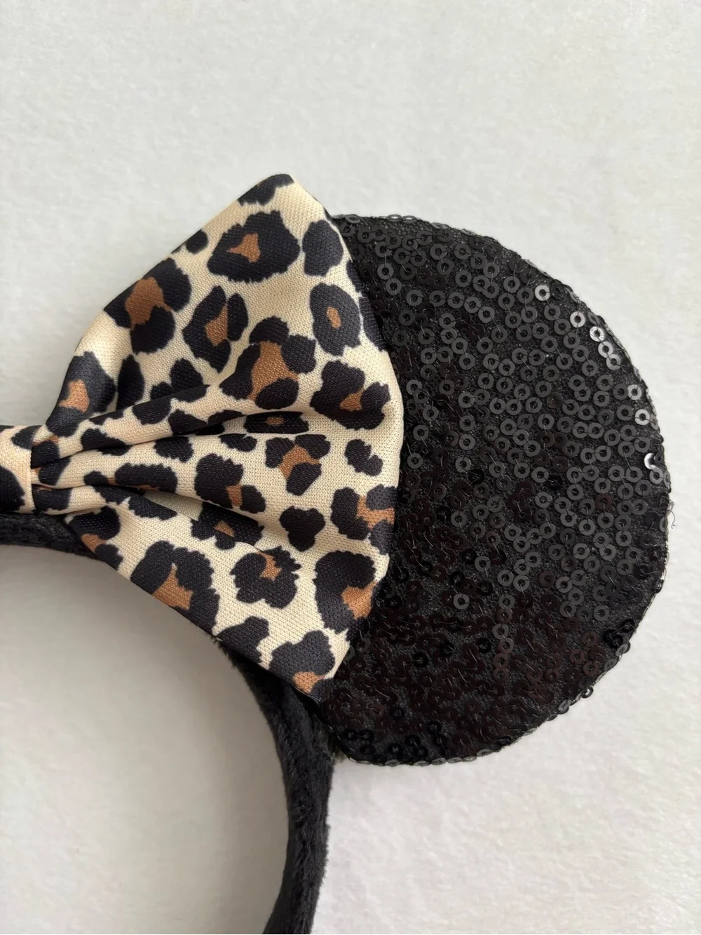 Minnie Mouse Black Sequin Ear Leopard Print Bow Headband